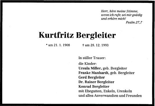Bergleiter Kurtfritz 1908-1993 Todesanzeige